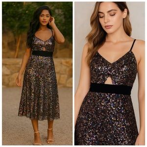 LDT Black Multicolor Cutout Sequined Midi Slip Dress Size 4 NWT